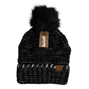 C.C. Beanie Hat Women OS Black NWT Cable Knit Faux Fur Pom Fuzzy Lined